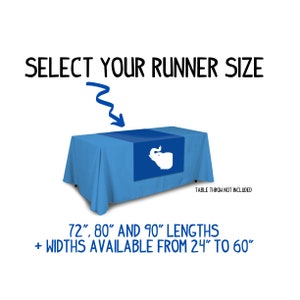May include: A blue table runner with a white elephant design. The runner is shown on top of a light blue table cloth. The text "SELECT YOUR RUNNER SIZE" is at the top of the image. The text "72", 80" AND 90" LENGTHS + WIDTHS AVAILABLE FROM 24" TO 60" is at the bottom of the image. The text "TABLE THROW NOT INCLUDED" is in the lower right corner of the image.