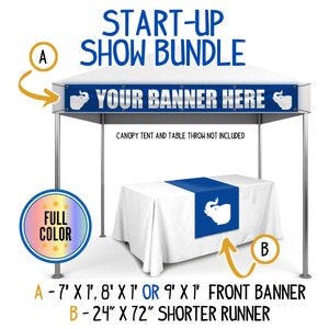 Custom Start-up Show Bundle: Personalized Canopy Banner & Logo Table Runner for Business Display, Pop-Up Shops, and Farmer&#39;s Markets