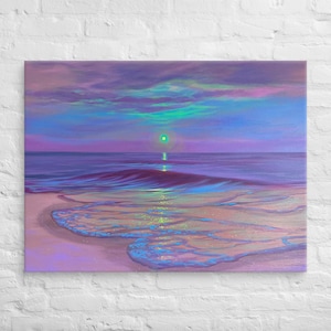May include: A painting of a seascape at sunset with a purple, blue, and green sky. The sun is setting over the ocean, and the waves are crashing on the shore. The sand is a light pink color, and the water is a deep blue.