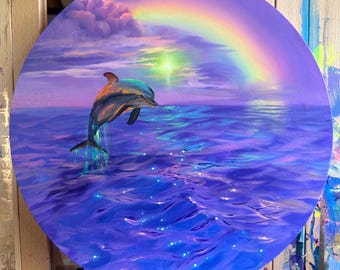 Pintura al óleo original sobre lienzo redondo de 16 pulgadas "Persiguiendo arcoíris"