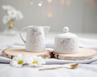 Tea or coffee  porcelain set, gift for wedding, milk jug and sugar bowl, fine porcelain tableware in minimalistic style - gold flecked