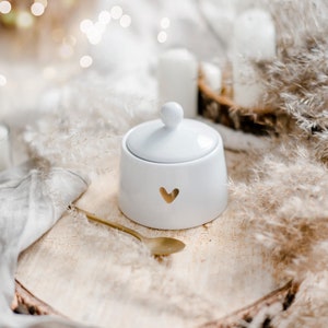 White porcelain sugar bowl with lid, farmhouse tableware, housewarming gift or wedding gift, tea accessories with gold decor - GOLDEN HEART