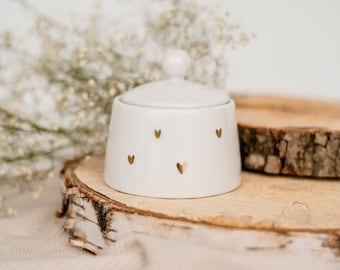 Sugar bowl flecked with gold, round dispenser made of porcelain, coffee/tea time accessories, luxury tableware with lid - GOLDEN HEARTS