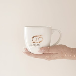 Large coffee mug, handpainted mug, luxury gift for her / him, porcelain mug with gold, Mug 300 ml - BACK, zodiac sign - Cancer