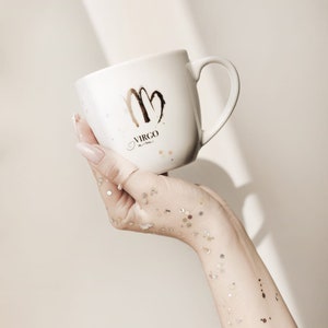 Large coffee mug, handpainted mug, luxury gift for her / him, porcelain mug with gold, Mug 300 ml - BACK, zodiac sign - Virgo