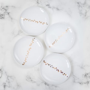 Set of 4 dessert plates with gold decor, wedding gift, modern dining, luxury porcelain set, white tableware with gold decor  - LEAVES
