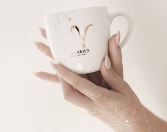 Large coffee mug, handpainted mug, luxury gift for her / him, porcelain mug with gold, Mug 300 ml - BACK, zodiac sign - Aries