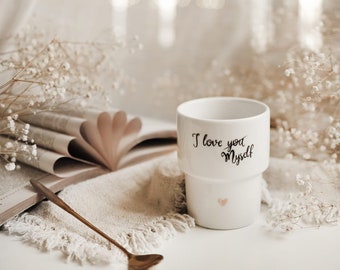 Mug without handle 300 ml - I love Myself GOLDEN HEART gift for friend, white tableware, gift for tea lover, huge cup, romantic gift