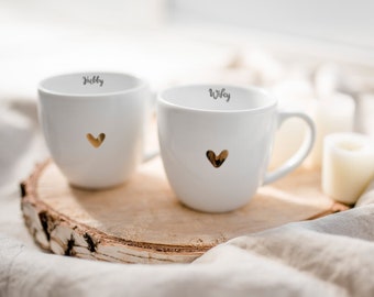Wifey Hubby Tassen, weißes Porzellan mit goldenem Herz, Geschenk zur Hochzeit