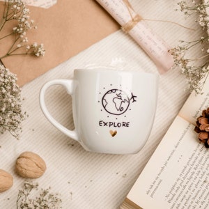 Explore GOLDEN HEART Hand painted ceramic travel mug, motivation gift, porcelain mug, handmade gift, huge coffee cup, statement mug