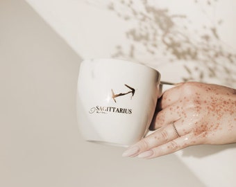 Large coffee mug, handpainted mug, luxury gift for her / him, porcelain mug with gold, Mug 300 ml - BACK, zodiac sign - Sagittarius