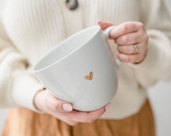 Huge coffee cup, 1 liter mug - GOLDEN HEART hand painted ceramic statement mug, gift for girlfriend/husband/wife, porcelain mug