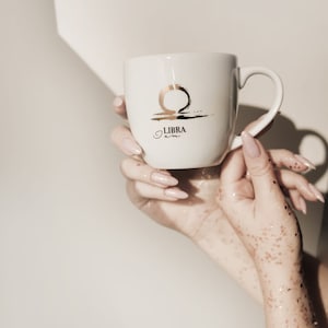 Large coffee mug, handpainted mug, luxury gift for her / him, porcelain mug with gold, Mug 300 ml - BACK, zodiac sign - Libra