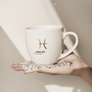 Tazza da caffè grande, tazza dipinta a mano, regalo di lusso per lei/lui, tazza in porcellana con oro, Mug 300 ml - RETRO, segno zodiacale - Pesci