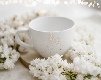 A mug of 500 ml - FLECKED WITH GOLD white porcelain with gold decoration, housewarming, gift for a couple, new home accessories