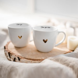 Statement porcelain set of cups 300 ml, coffee mugs, gift for tea lover, porcelain tableware - I love You / I love You more GOLDEN HEART