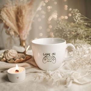 Mug 1 liter - Game on/over, tea accessories, gift for friend, white tableware, gift for tea lover, huge cup