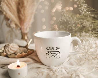 Mug 1 liter - Game on/over, tea accessories, gift for friend, white tableware, gift for tea lover, huge cup