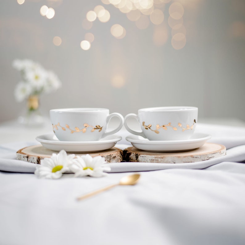 Anniversary gift for couple, porcelain tea set, white cup with saucer, white set of 250 ml cups with saucers, handpainted with gold LEAVES image 1