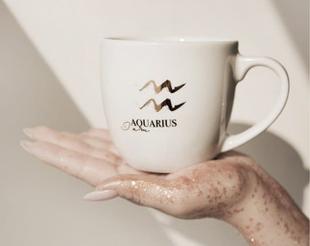 Large coffee mug, handpainted mug, luxury gift for her / him, porcelain mug with gold, Mug 300 ml - BACK, zodiac sign - Aquarius