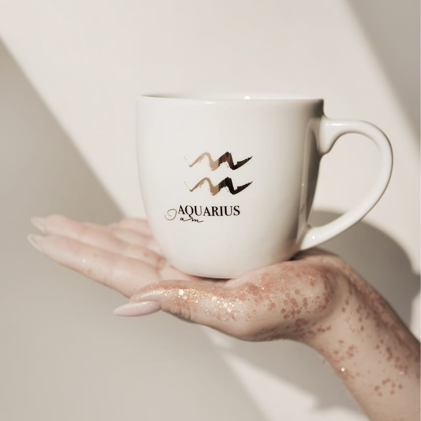 Large coffee mug, handpainted mug, luxury gift for her / him, porcelain mug with gold, Mug 300 ml - BACK, zodiac sign - Aquarius