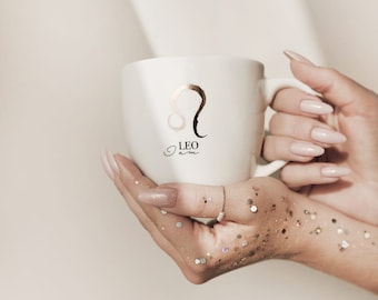 Large coffee mug, handpainted mug, luxury gift for her / him, porcelain mug with gold, Mug 300 ml - BACK, zodiac sign - Leo
