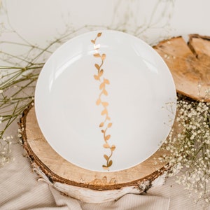 Large gold and white dinner plate, modern tableware, romantic dining, premium porcelain for home,  24 cm plate- decorated with GOLD LEAVES