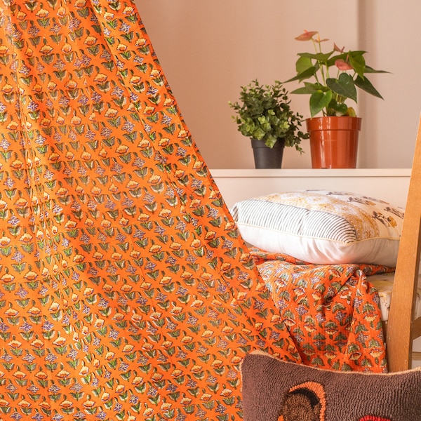 Orange Jaipuri Buti curtains, Cotton curtains, Curtains floral ,curtain panels, Blockprint curtains, Orange Panels, Customization available
