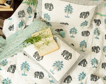 Tropical Elephant and Palm Tree Double Bed Blue Jaipuri Reversible Quilt Set, Edredón de Invierno, Ropa de cama Jungle, Tela Blockprint