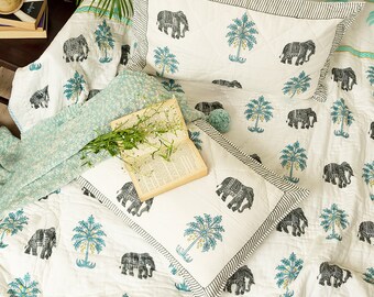 Tropical Elephant and Palm Tree Double Bed Blue Jaipuri Reversible Quilt Set, Winter Comforter, Jungle Bedding, Blockprint Cloth