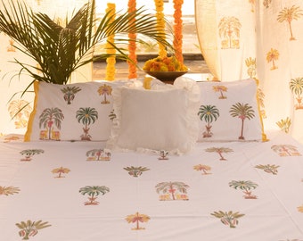 Yellow Tropical Double Bed Bedsheet , Palm Tree Bedsheet with Pillow Covers, Christmas Gift, Bedsheet for bedroom, flatsheet, fitted sheet