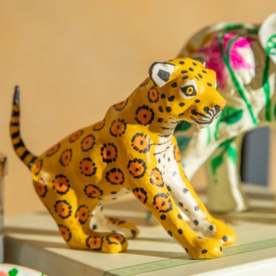 Yellow Cheetah Paper Mache Art, Home Decoration Item, Desk