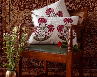 Mughal Red Poppy Pique Cushion Cover, Floral Pillow, Floral cushion, Handmade Cushion, Sizes available