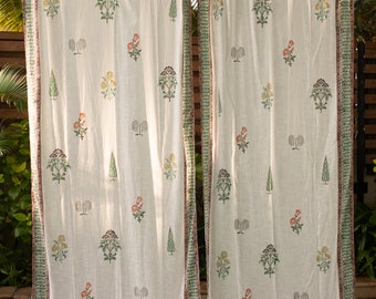 Mughal Garden Blockprint Curtains, Floral curtains, Jaipuri curtain panels, White Curtains, Curtains for living room, Curtains for bed room