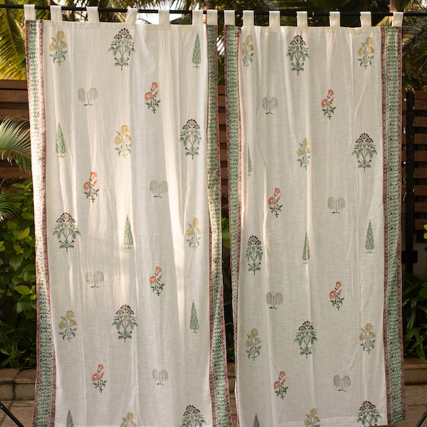 Mughal Garden Blockprint Curtains, Floral curtains, Jaipuri curtain panels, White Curtains, Curtains for living room, Curtains for bed room