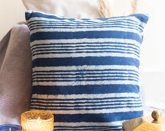 Indigo Dabu Hand Blockprint Cushion No chemicals, Natural handmade cushion, Cotton cushion cover, stripe cushion, made in india
