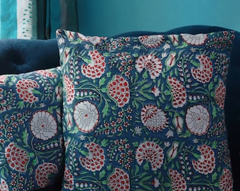 Blue Pomegranate Blockprint Cushion Cover, Floral Square Pillow, Handmade Cushion, Sizes available