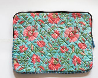 Blue & Pink Floral Jaal Blockprinted Laptop Sleeve, Floral Sleeves, handmade, laptop bags, made in india