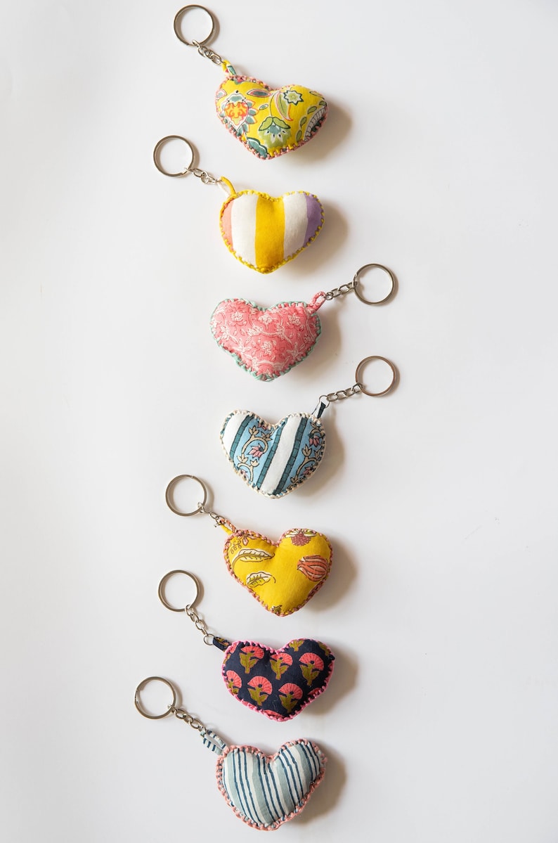 Assorted Colorful Heart Shape Keychains, handmade, fabric keychains, Cute keychains, Small Handmade fabric, made in india image 1