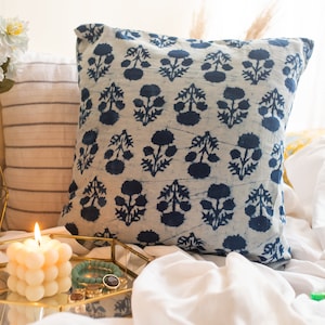 Indigo Marigold Blockprint Cushion No chemicals, Natural handmade cushion, Cotton cushion cover, stripe cushion, made in india