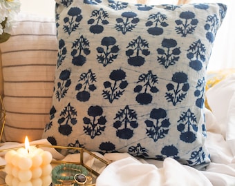 Indigo Marigold Blockprint Cushion No chemicals, Natural handmade cushion, Cotton cushion cover, stripe cushion, made in india