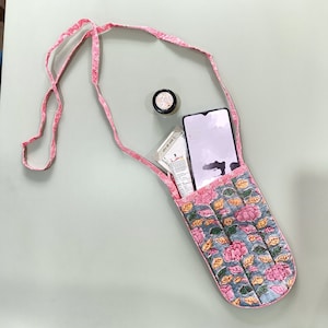 Pink & Green Blockprinted Twine Phone Sling, utility, Phone Sling Bag, handmade, printed bags, fabric sling made in india