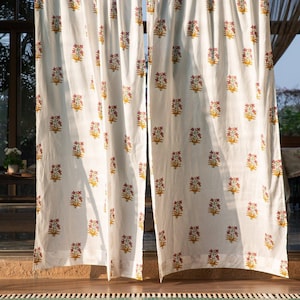 Yellow and Pink Palash Blockprint Cotton Sheer Curtains, Curtain Panels, Lightweight curtains, Blockprinted Curtains and Drapes