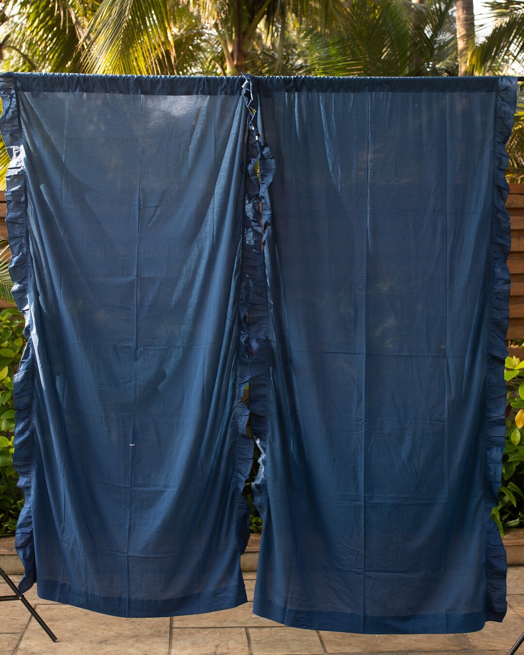 Blue Ruffle Semi Sheer Curtains,cotton Curtains, Ruffle Curtain Panels ...
