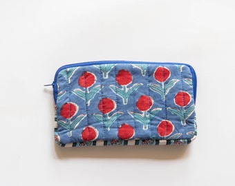 Cartera Buti azul y roja estampada a mano, hecha a mano, carteras estampadas, carteras de tela hechas en India