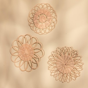 Rattan Floral Wall Hanging Set of 3,Rattan Wall Flower, Nursery Wall Decor, Boho Wall Art, Daisy Decor,Rattan Flower, Botanical Art