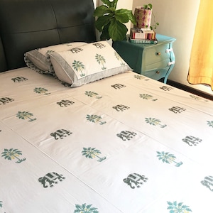 Elephant and Palm Tree Tropical Bedsheet, Queen Size Bedsheet, Blockprinted Flatsheet, Christmas Sale, King Size Bedsheet, Elephant Print