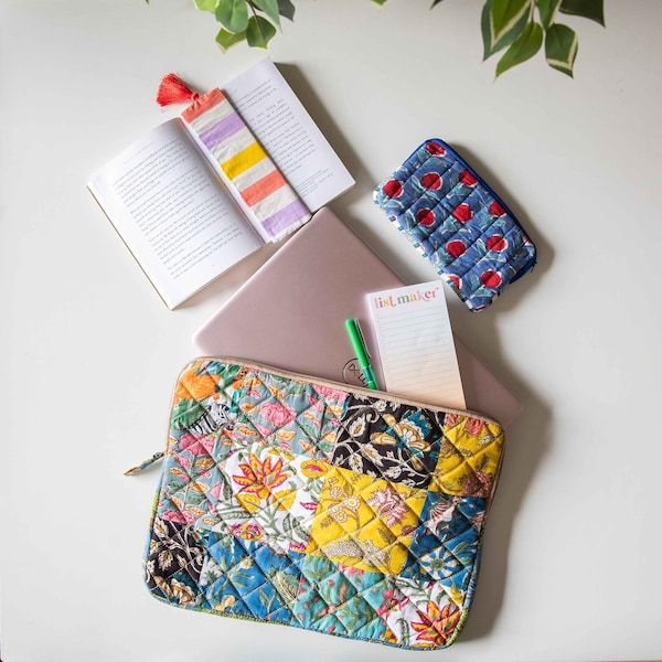 Multi Color Blockprinted Patchwork Laptop Sleeve, Floral Sleeves, handmade, laptop bags, patchwork bag, made in india