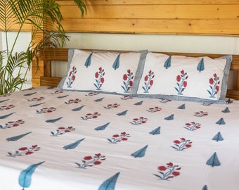 Floral Garden Blockprinted Bedsheet, Double Bed Bedsheet, Bed Linen, White floral Sheets, Bedroom Decor, Bedcovers USA, Floral Bedsheet
