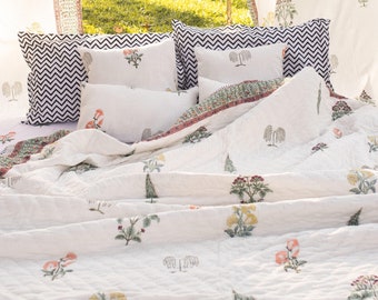 Mughal Garden Delhi Queen Size Quilt Set, Tropical Comforter Set, Matching Pillow Cover, Tropical Throw, Christmas Gift, Jaipuri Blanket